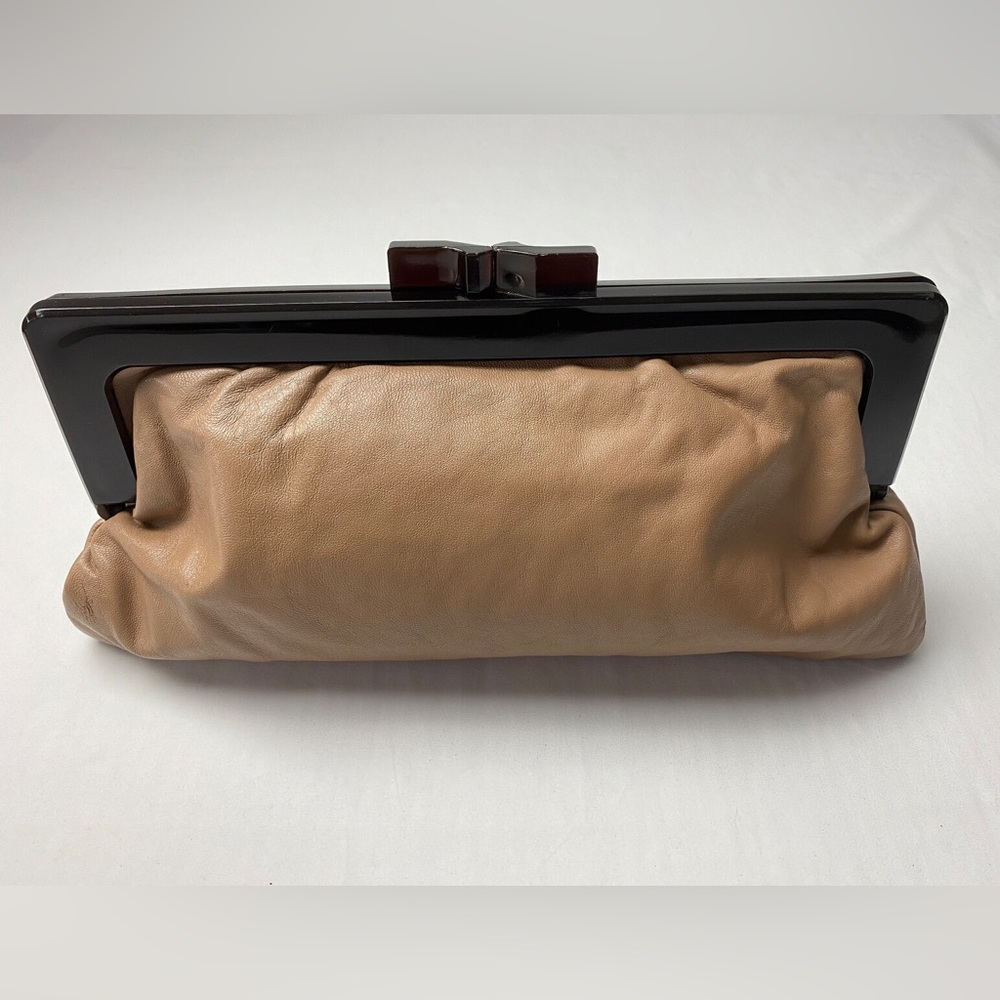 Beige Leather Clutch Black Acrylic Handle Vintage 90's